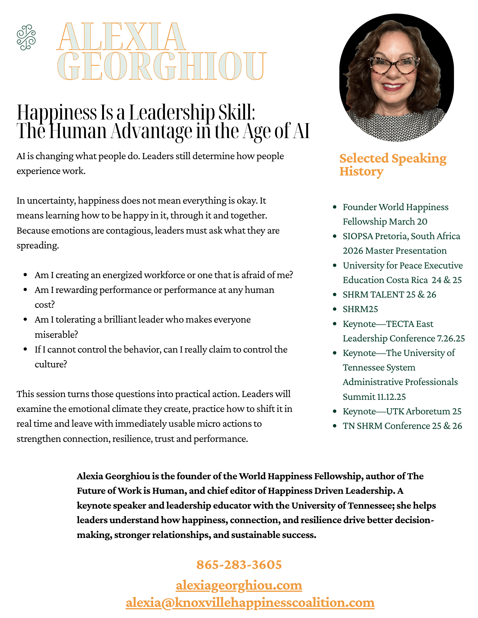 > **Alexia Georghiou keynote speaker speaking sheet featuring workplace wellbeing, happiness, human-centered leadership, the future of work, and AI leadership topics for executives, HR leaders, and organizations.